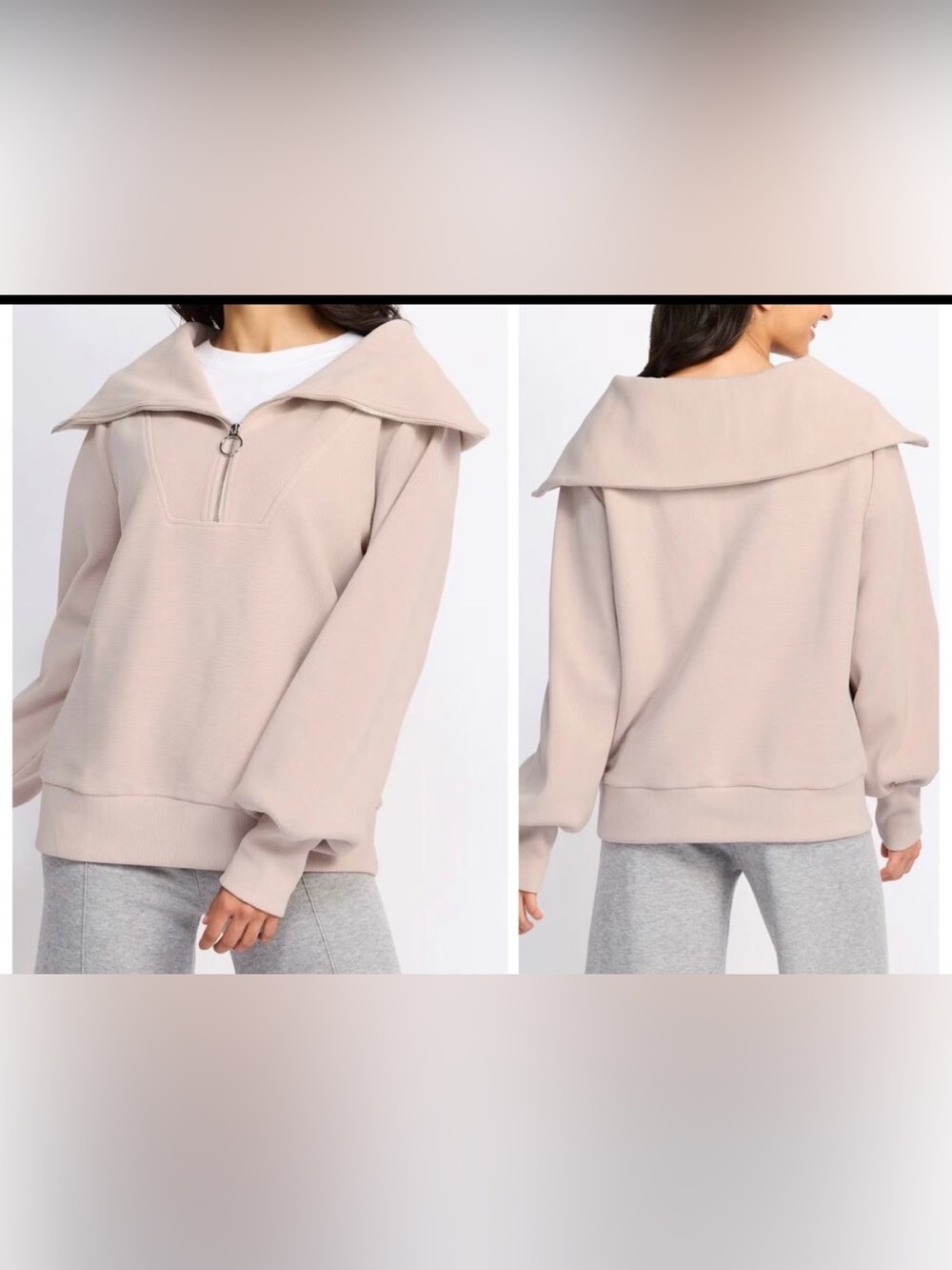 Varley Vine Half Zip Ottoman Ribbed  Oversized Sweatshirt Beige Dusty Pink XS